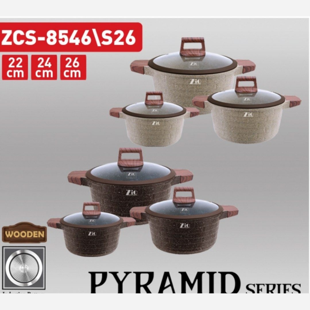 آرام پز سرویس قابلمه 6 پارچه گرانیتی آجری زیو طرح پیرامید ZCi.8546 سایز 22 . 24 . 26