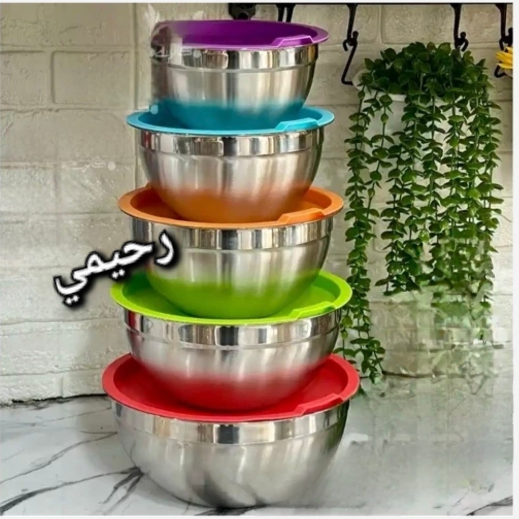 کاسه استیل رنگی ست لگن 5 تیکه درب رنگی ژاله ای مارک یونیک ((هزینه ارسال درب منزل)) ظرف یخچالی