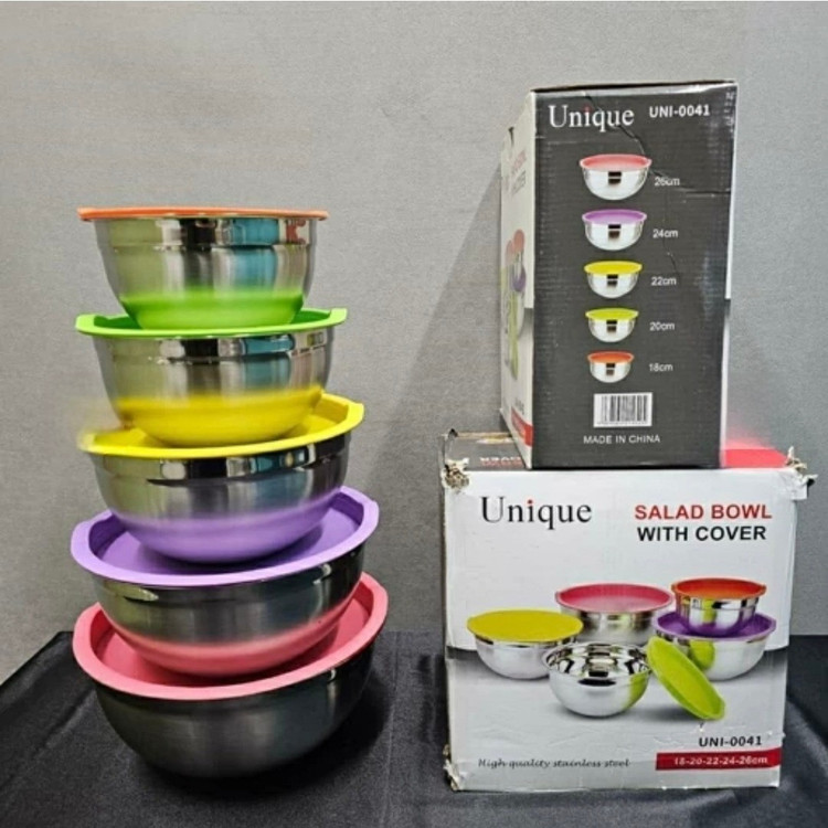 کاسه استیل رنگی ست لگن 5 تیکه درب رنگی ژاله ای مارک یونیک ((هزینه ارسال درب منزل)) ظرف یخچالی