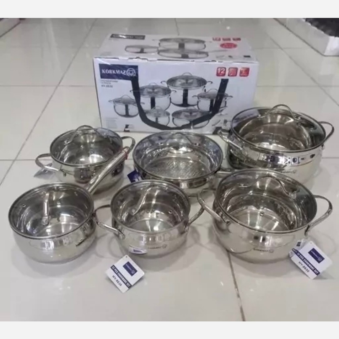 سرویس قابلمه کرکماز 12 پارچه درب پیرکس اصل ترکیه آسترا کف چدن نسوز استیل 18/10 (( هزینه ارسال درب منزل))