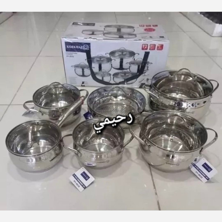 سرویس قابلمه کرکماز 12 پارچه درب پیرکس اصل ترکیه آسترا کف چدن نسوز استیل 18/10 (( هزینه ارسال درب منزل))