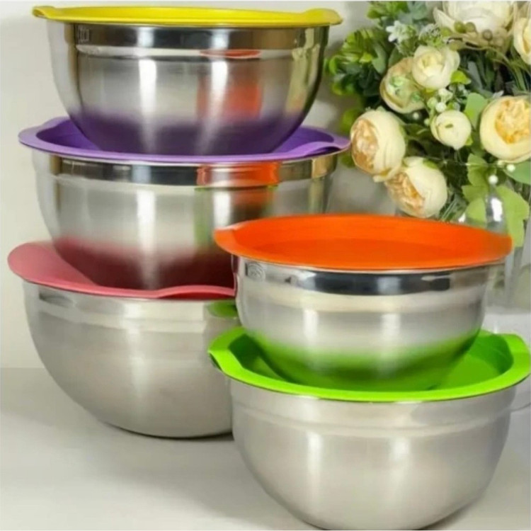 کاسه استیل رنگی ست لگن 5 تیکه درب رنگی ژاله ای مارک یونیک ((هزینه ارسال درب منزل)) ظرف یخچالی