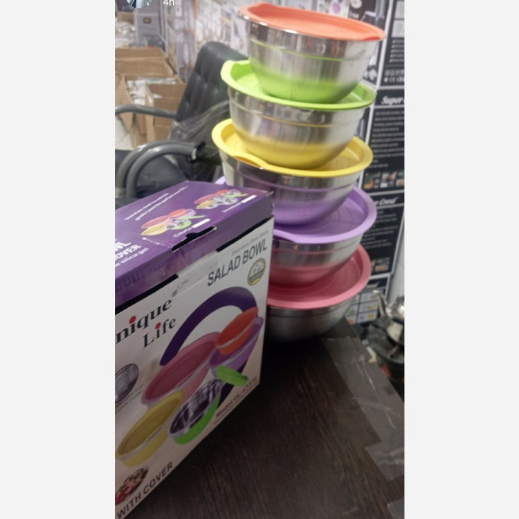 کاسه استیل رنگی ست لگن 5 تیکه درب رنگی ژاله ای مارک یونیک ((هزینه ارسال درب منزل)) ظرف یخچالی