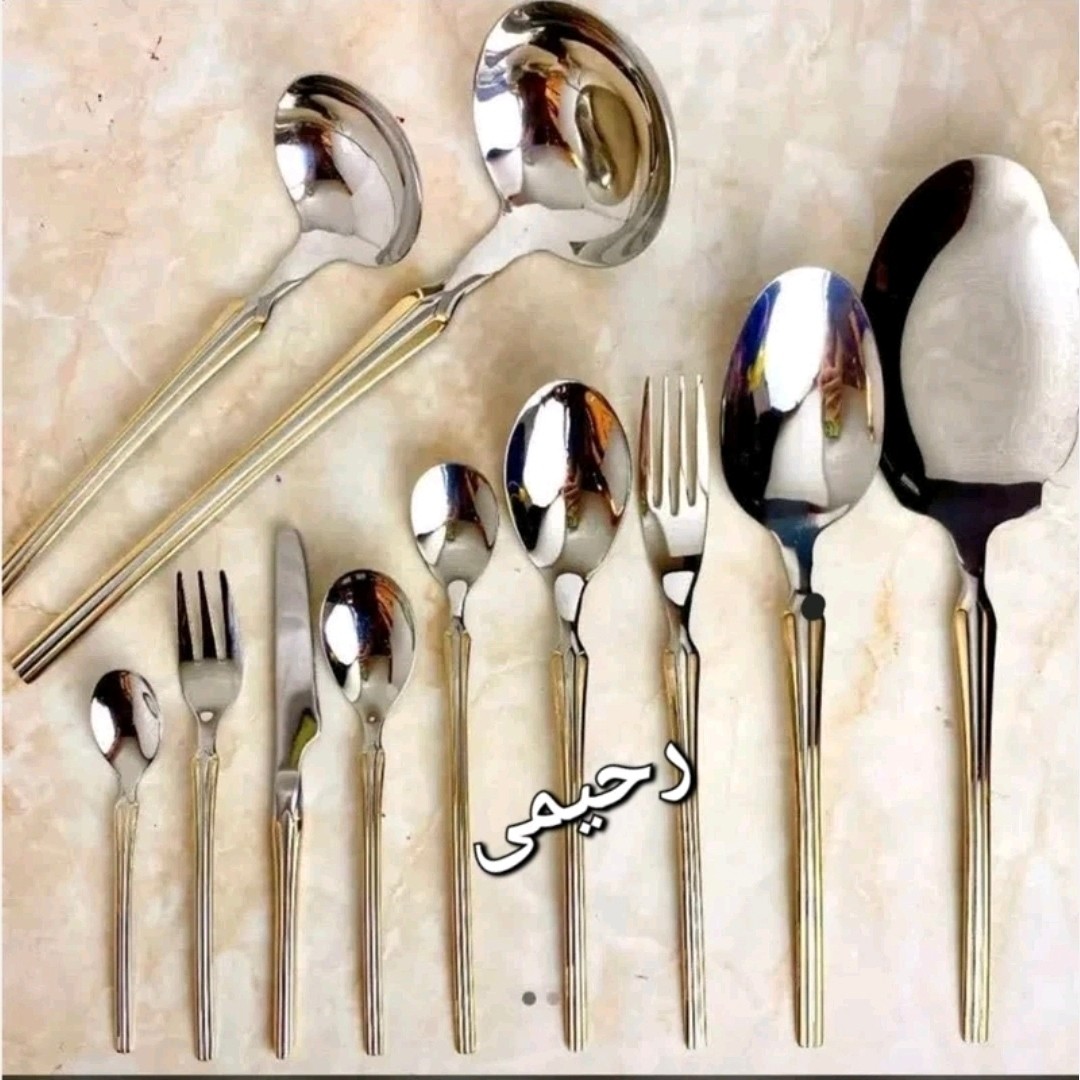 سرویس قاشق و چنگال 12نفره 59 پارچه نیمه طلایی مارک یونیک دهانه اروپایی  ( هزینه ارسال پس کرایه ) دور نوار طلایی