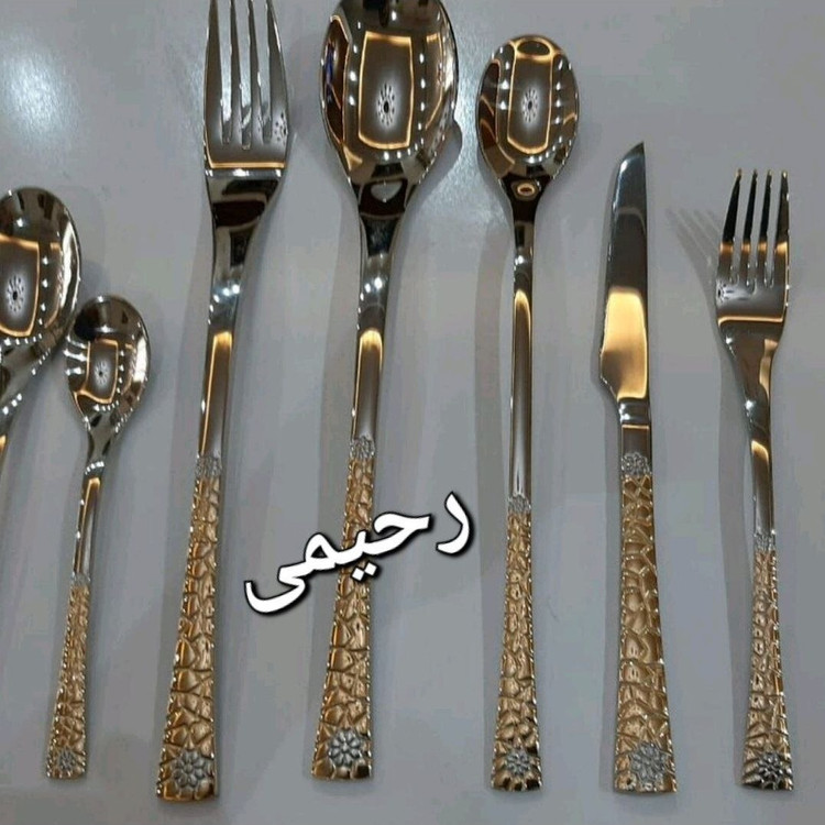 سرویس قاشق و چنگال طلایی 12نفره 59 پارچه نیمه طلایی دهانه اروپایی نقره ای طلایی سنگی